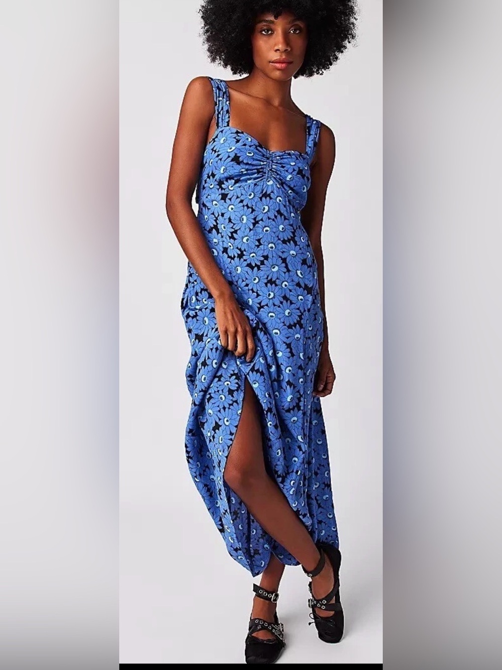 Free People Rosalee Midi Dress Blue Retro Floral Smocked Cutout Medium
